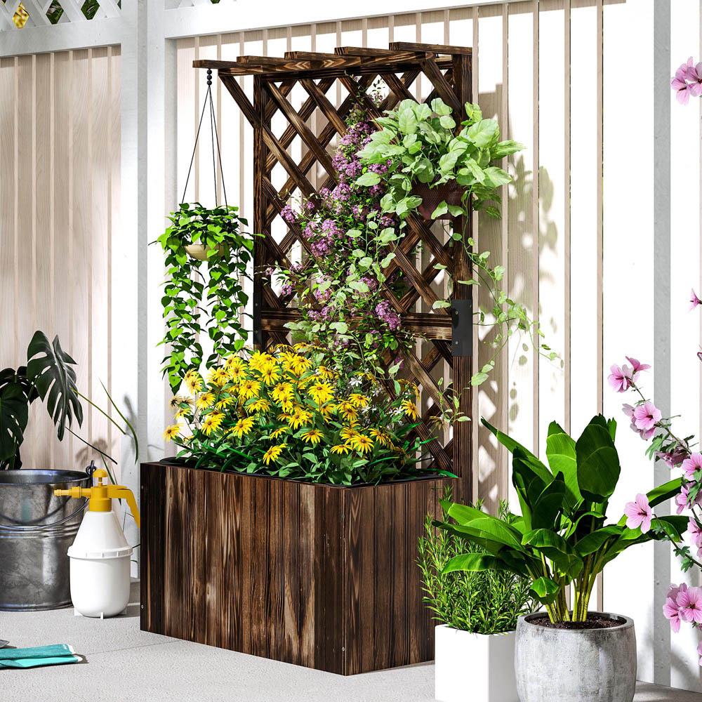 Outsunny Carbonised Wooden Planter with Trellis Image 5