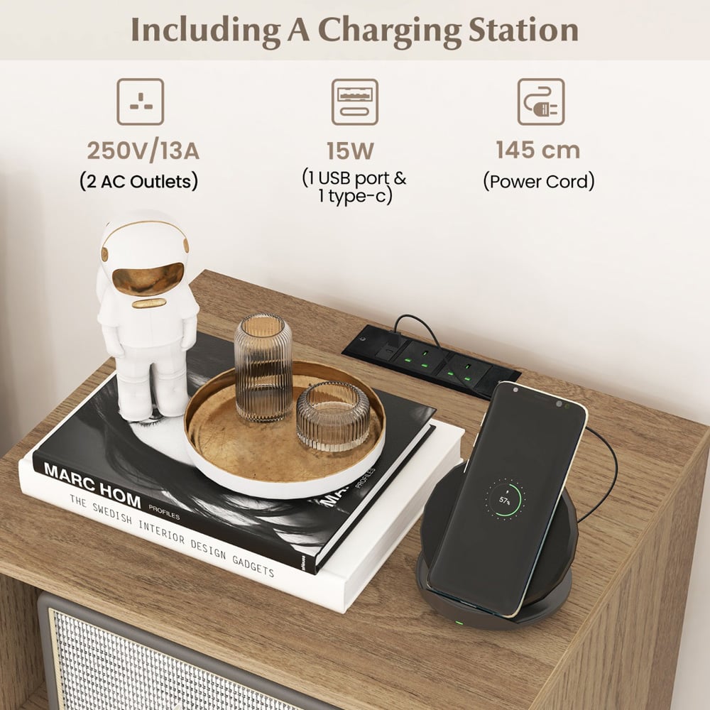 Costway 5 Compartment Natural Record Player Stand with Charging Station Image 7