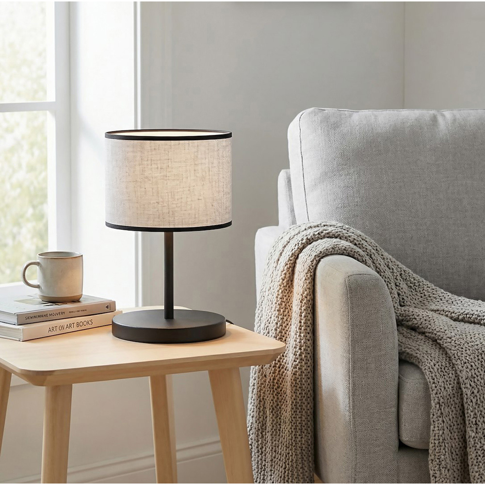 Emibig Eco Grey Cylindrical Shade Black E27 Table Lamp Image 3