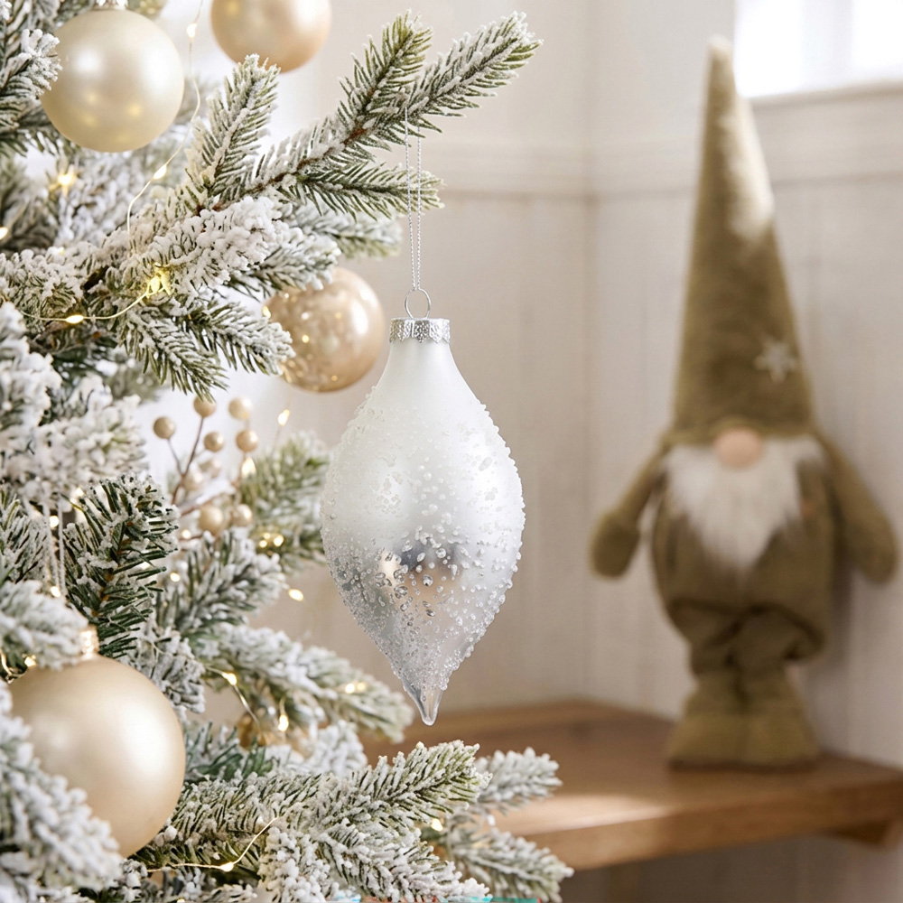 Single Alpine Lodge White Matt Droplet Bauble in Assorted styles Image 2