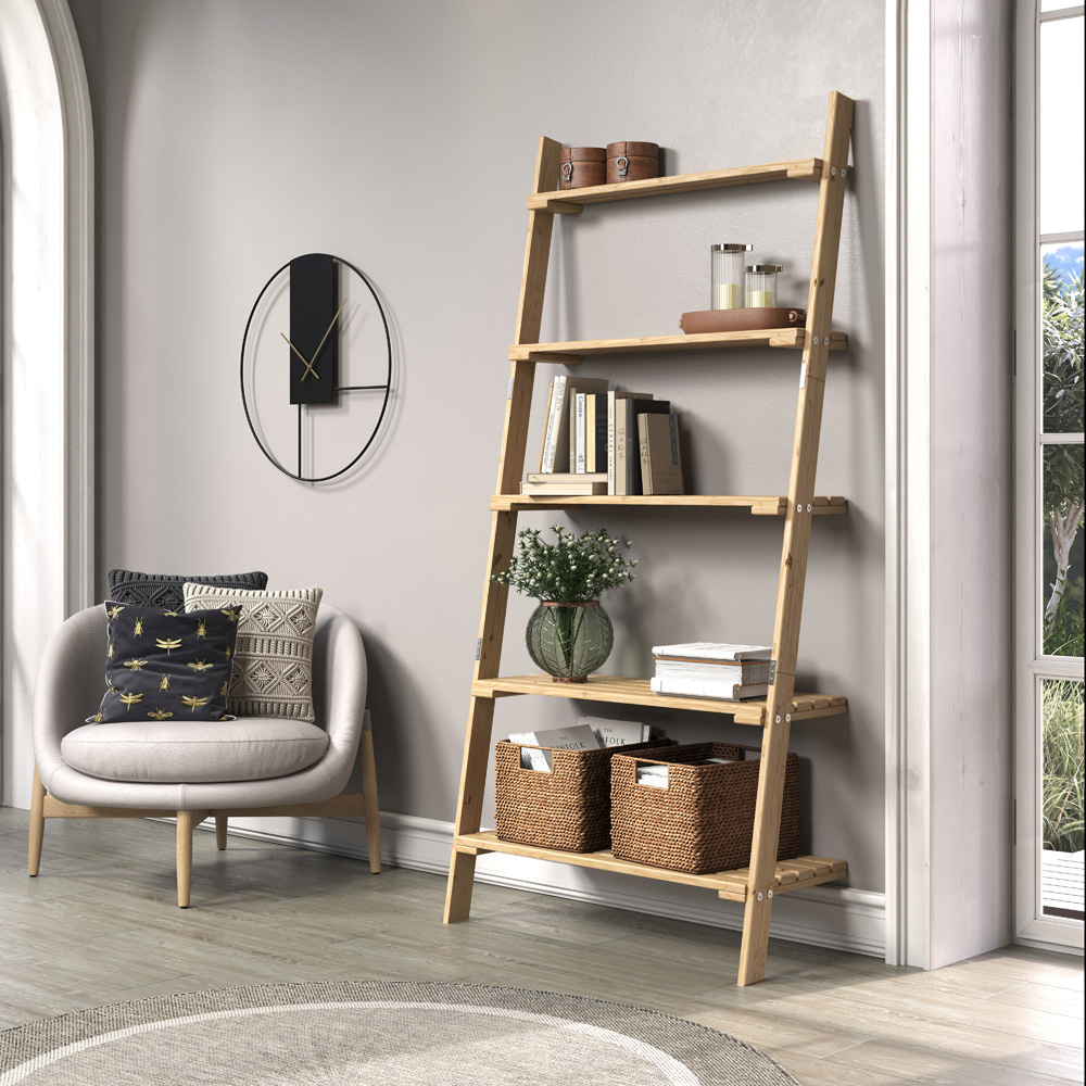 Core Products Sanded 5 Tier Wooden Ladder Design Shelf Unit with Slatted Shelves Image 4