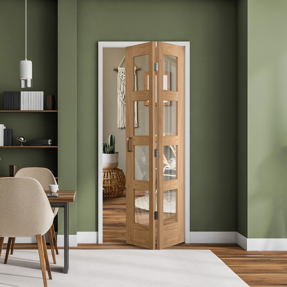 Oak Veneer Shaker 4 Light Clear Glass Bi-Fold Internal Door 1981 x 838 x 35mm Image 2