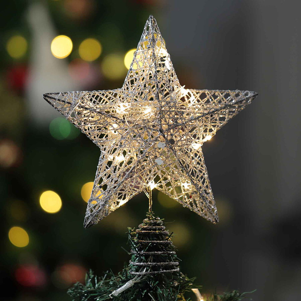 Living and Home Decorative Star Sequins Christmas Tree Topper with LED Light 25cm Image 2