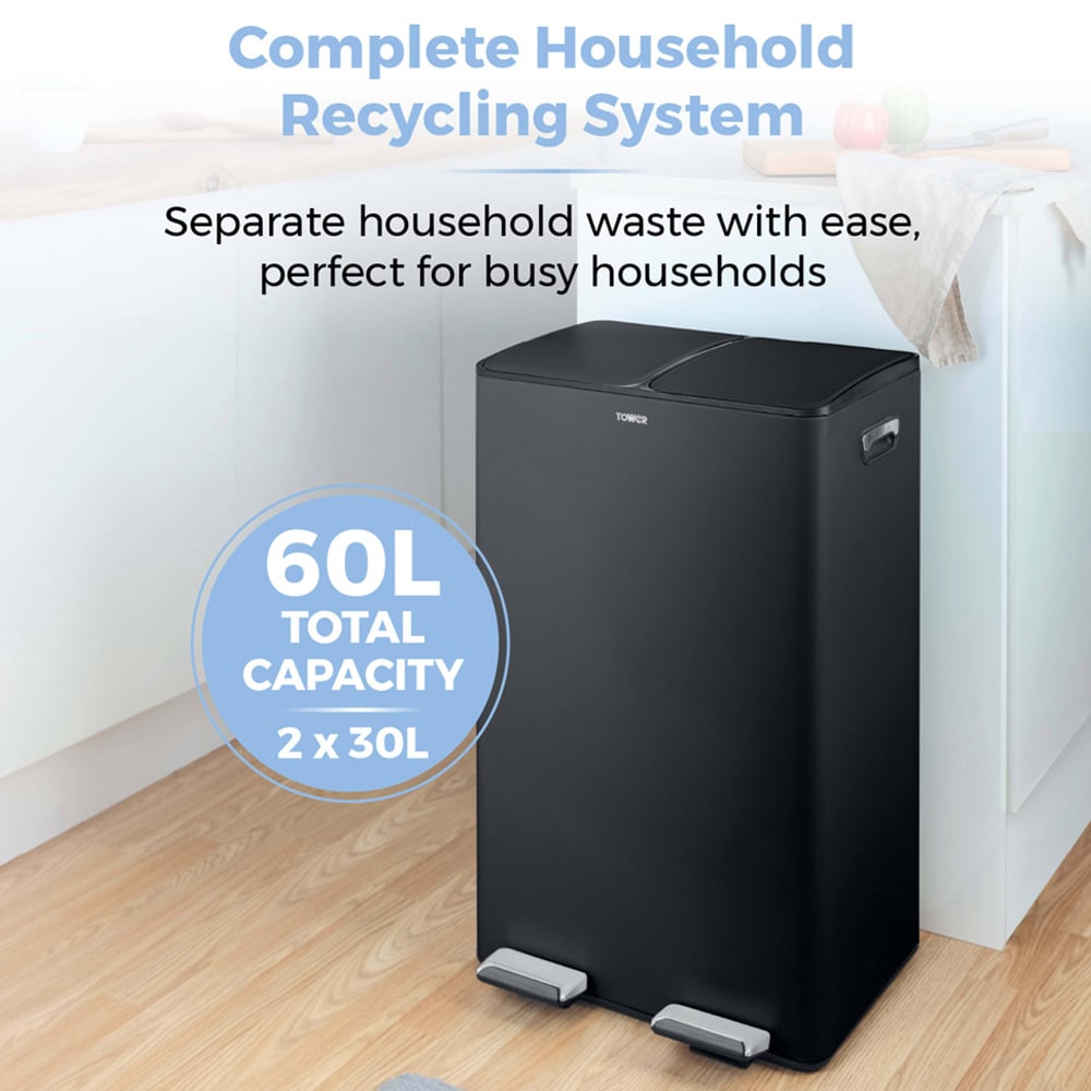 Tower Double Recycling Black Pedal Bin 60L Image 3