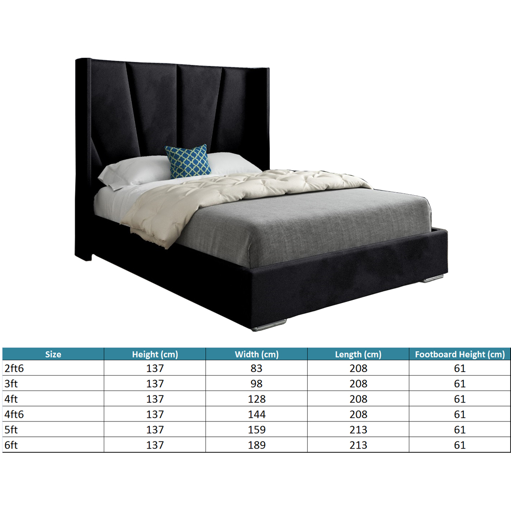 Bellini Black Small Double Velvet Upholstered Bed Frame with Wide Curved Winged Headboard Image 7