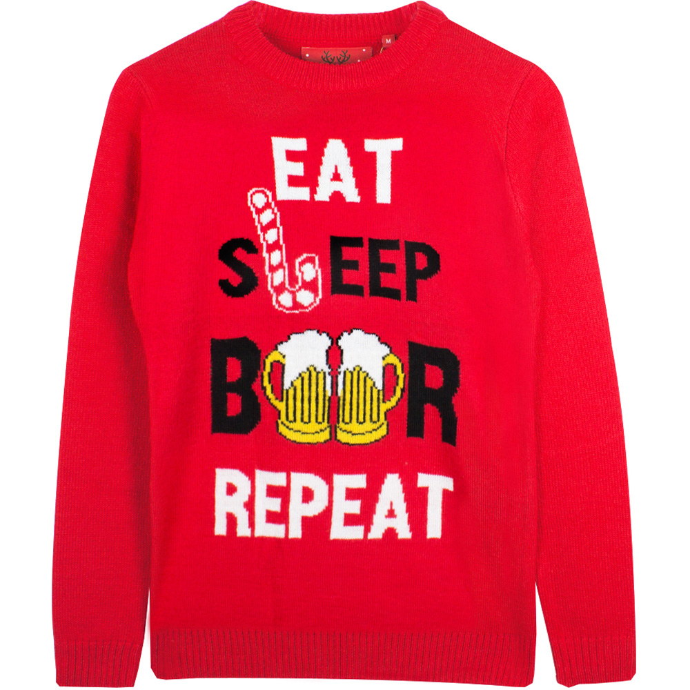 The Christmas Workshop Men Xmas Eat Sleep Beer Repeat Jumper Large Red Image 1