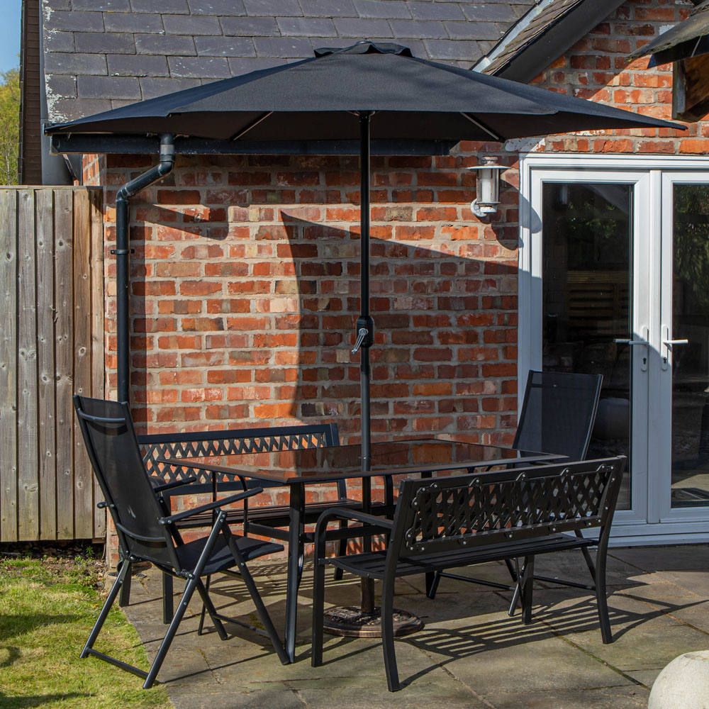 Samuel Alexander 6 Seater Garden Dining Table with Benches and Black Havana Parasol and Base 2m Image 1