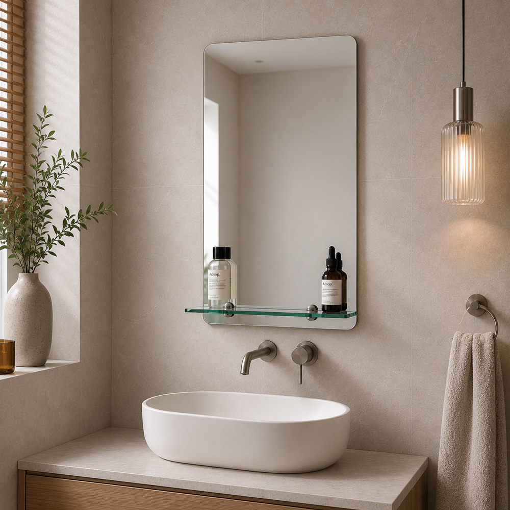 Go Bathrooms Nuto Rectangular Bathroom Mirror with Glass Shelf 450 x 600mm Image 2