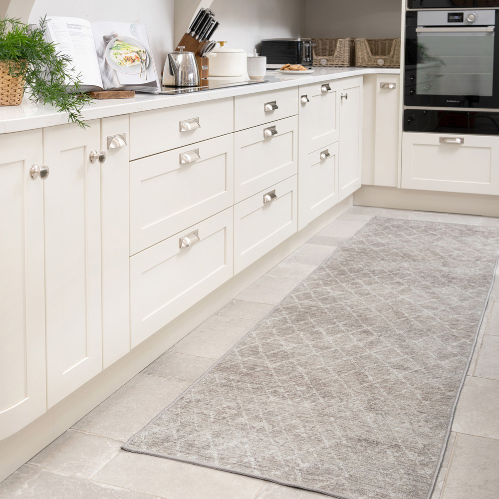 Kukoon Beige Grey Distressed Geometric Trellis Rug 80 x 300cm Image 3