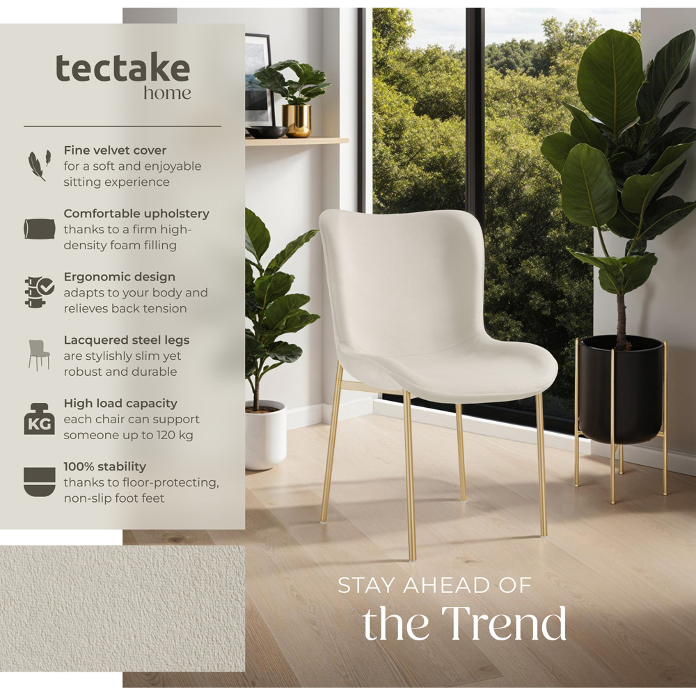 tectake Tessa Set of 4 Beige and Gold Velvet Padded Dining Chair Image 8