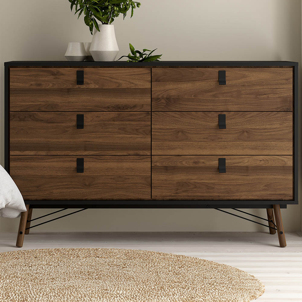 Florence Ry 6 Drawer Matt Black and Walnut Chest of Drawer Image 1