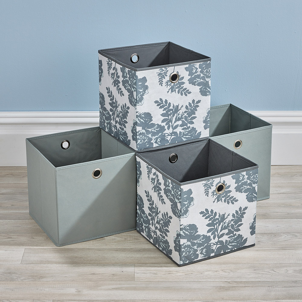 Home Source Grey Mixed Floral Pattern Fabric Cube Storage Box 4 Pack Image 4