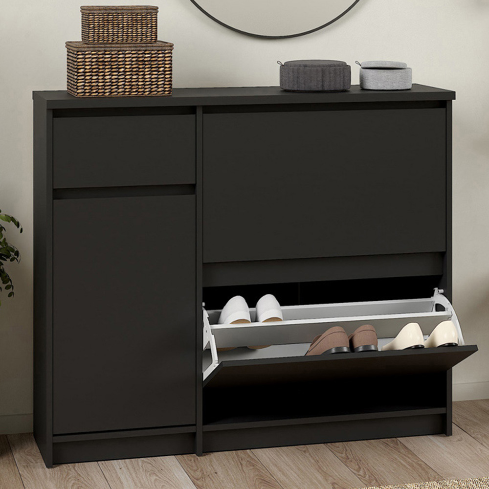 Florence Single Door 3 Drawer Matt Black Shoe Cabinet Image 1