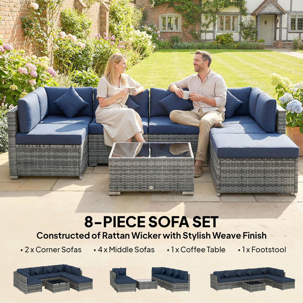 Outsunny 6 Seater Dark Blue Rattan Patio Corner Sofa Set Image 5