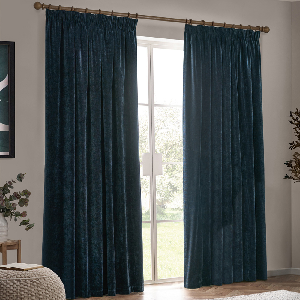 Yard Heavy Navy Chenille Velvet Pencil Pleat Curtains 229 x 183cm Image 1