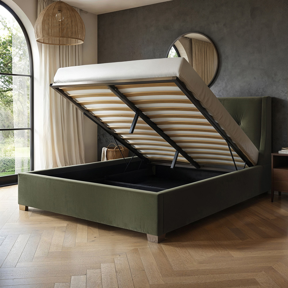 Flair Artemis Double Khaki Velvet Cushioned Headboard Ottoman Bed Image 4