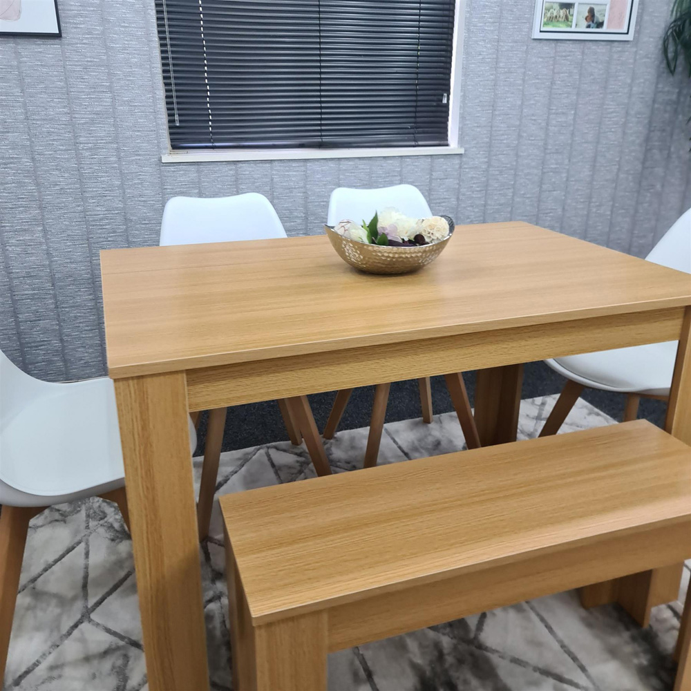 Portland 6 Seater Plastic and Leather Dining Bench Set Oak Effect and White Image 3