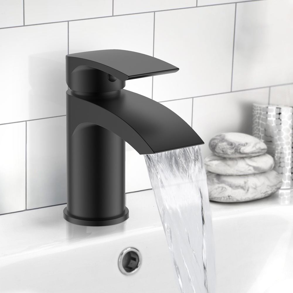 Nes Home Libra Waterfall Matte Black Bath Filler Tap and Basin Mixer Tap with Waste Image 3