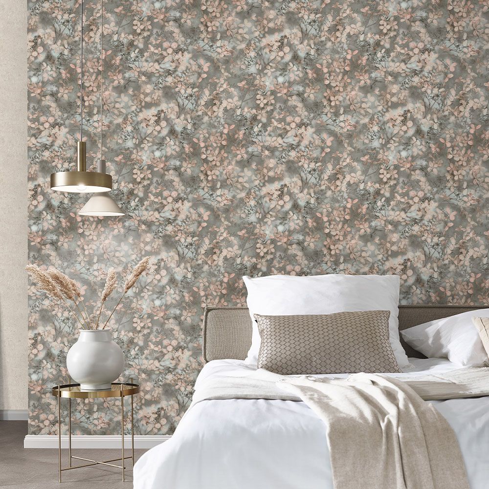 Erismann Textured Blossom Flower Grey and Coral Wallpaper Image 3