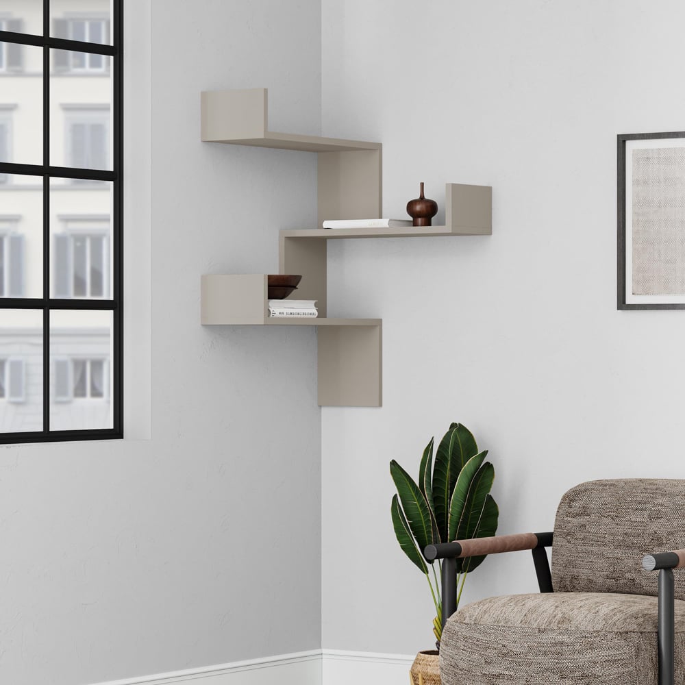 Decortie Luksa 3 Shelf Zigzag Wall Mounted Design Sandstone Corner Bookcase Image 3