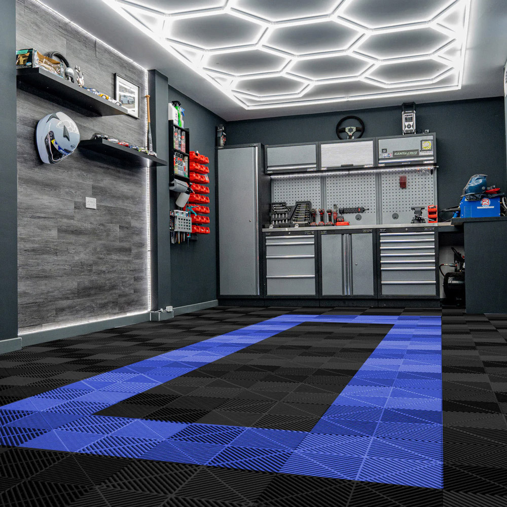 MonsterShop 90 Black and 30 Blue Vented Garage Floor Tiles with Edges and 14 Hexagon LED Light Image 2