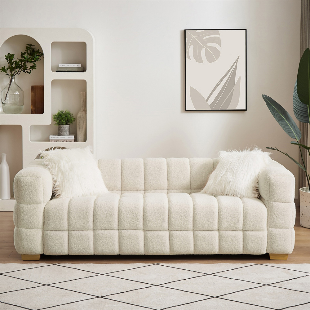 Furniture One 3 Seater White Teddy Fleece Sofa with 2 Pillows Image 9