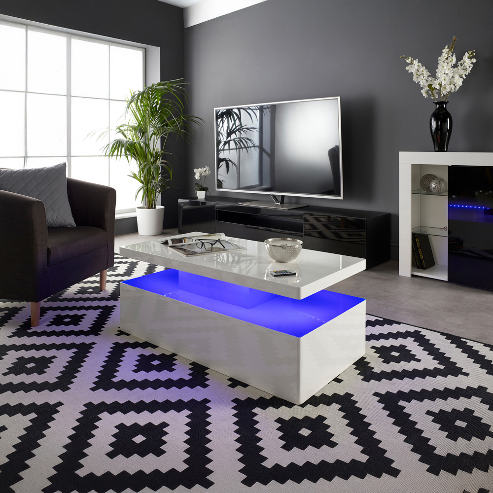MMT Furniture Designs High Gloss White Rectangle Coffee Table with LED Lights Image 4