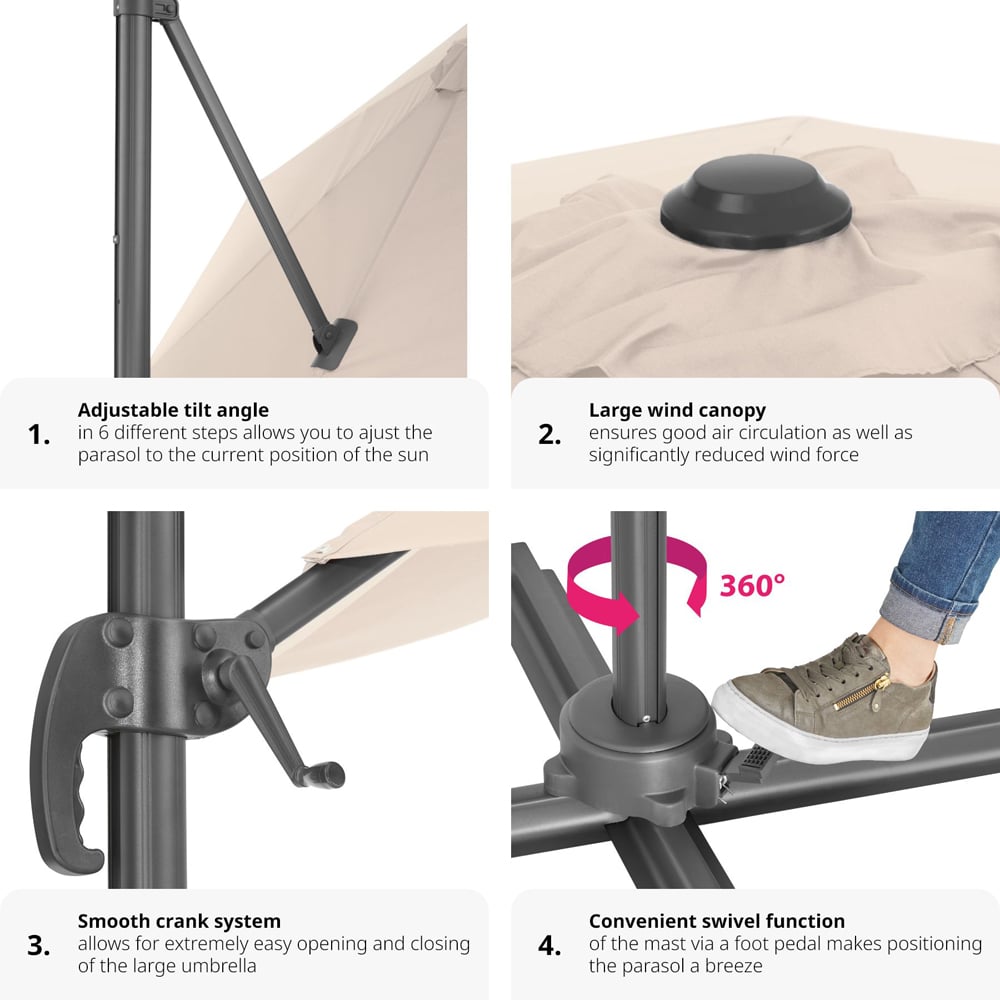 tectake Daria Beige Cantilever Garden Parasol with Foot Pedal 3m Image 4
