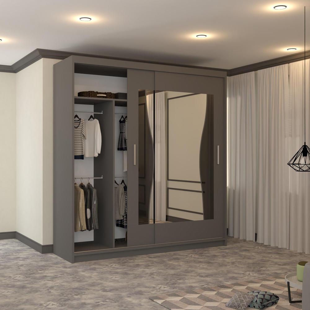 M N Furniture Banton 2 Door Grey Curved Mirrored Sliding Wardrobe 203cm Image 3