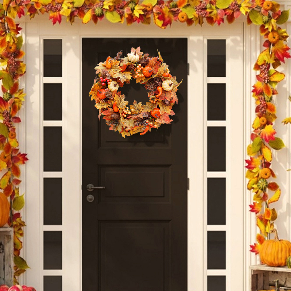 Living and Home Wreath with Maple Leaves Pumpkins Berries and Pinecones 50cm Image 7
