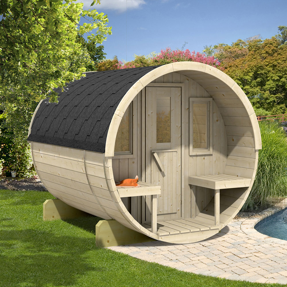 Stjarna 250 Black Outdoor Wooden Barrel Sauna 6.8 x 8.2ft Image 2