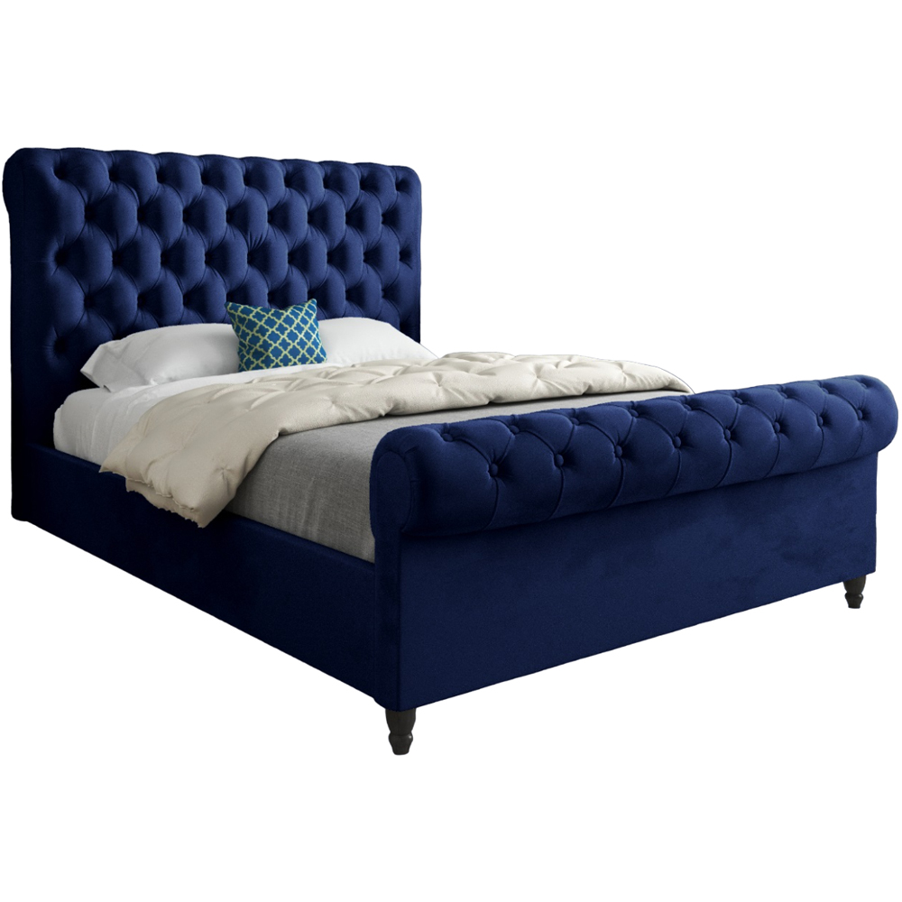 Sienna Double Blue Soft Velvet Upholstered Sleigh Bed Frame with Scrolled Headboard Image 2