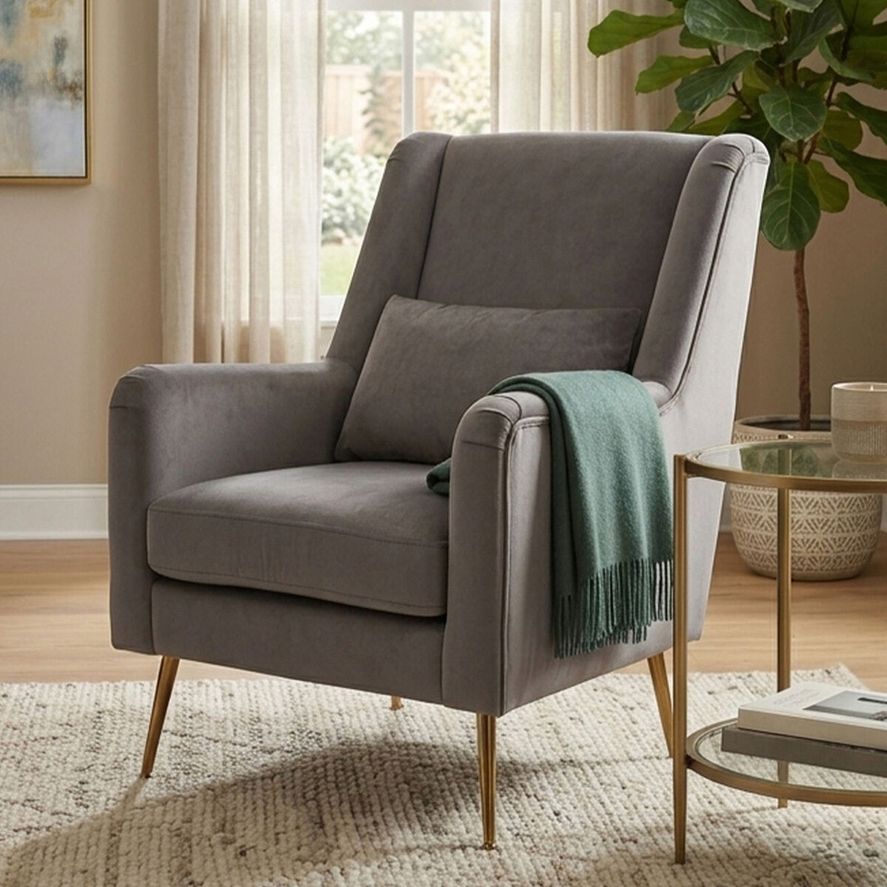 Premier Housewares Doucet Grey Velvet Chair with Gold Legs Image 5
