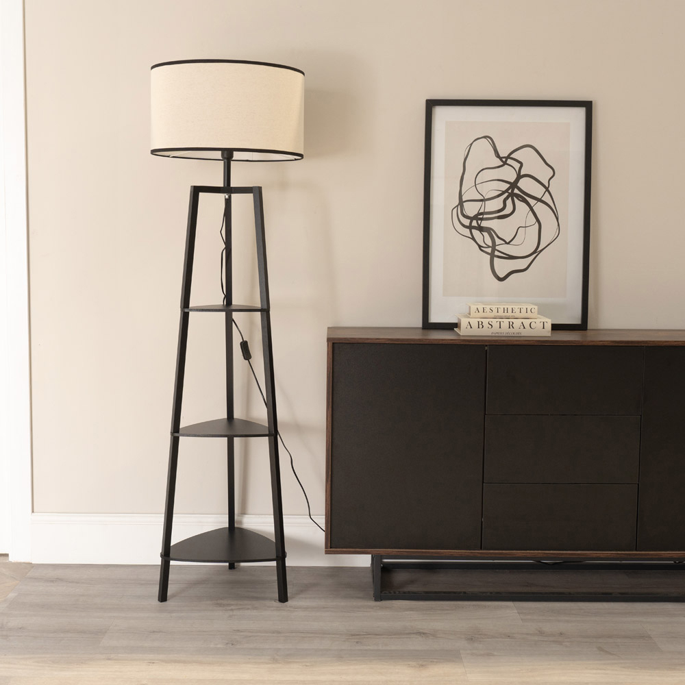 ValueLights Hiru Black 3 Shelf Black Trim Linen Shade Floor Lamp with Bulb Image 3