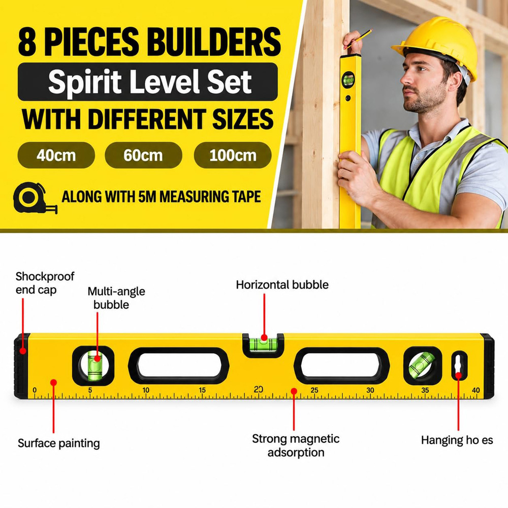 ATEK Professional 4-Piece Magnetic Spirit Level Set with 5m Measuring Tape Image 5