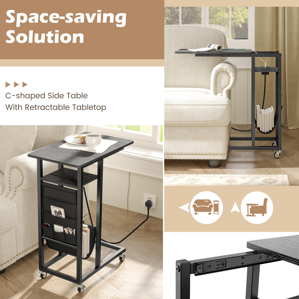 Costway Black C Shaped End Table Rolling with Charging Station and Retractable Tabletop Image 5