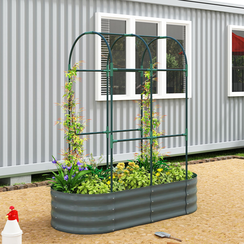 Outsunny Dark Grey Galvanised Raised Garden Bed with Trellis 140 x 60 x 120cm Image 2