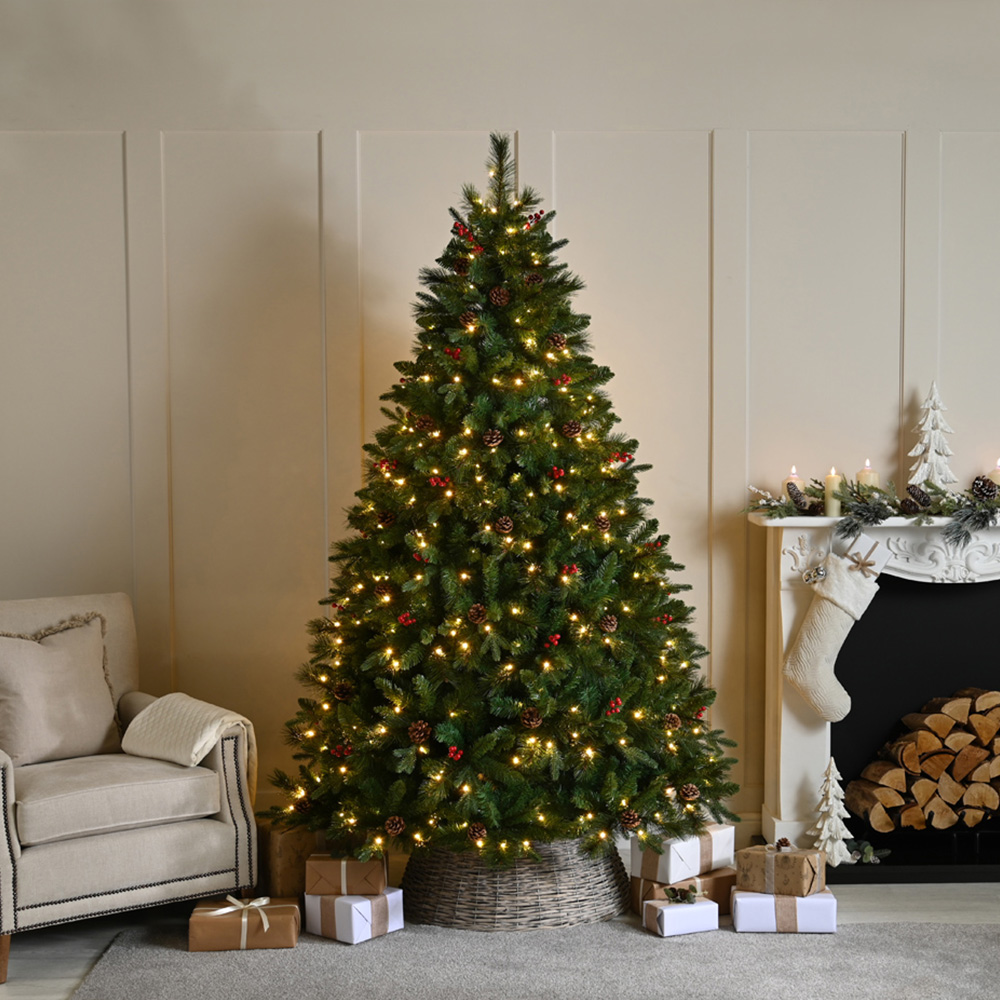 Festive Warm White Pre-Lit Ben Nevis Pine Artificial Christmas Tree with Berries and Stand 6.9ft Image 2