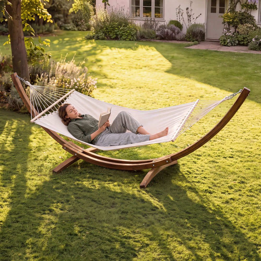 Charles Bentley Cream Canvas Hammock with Wooden Arc Stand Image 8
