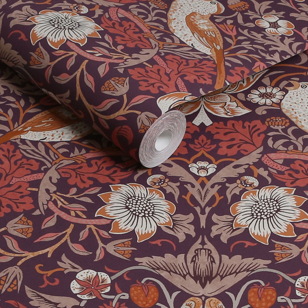 William Morris At Home Strawberry Thief Plum Wallpaper Image 2