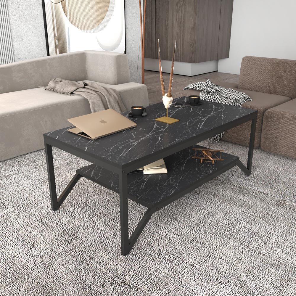 Decorotika Flora Single Shelf Black Marble Effect and Black Modern Coffee Table Image 4