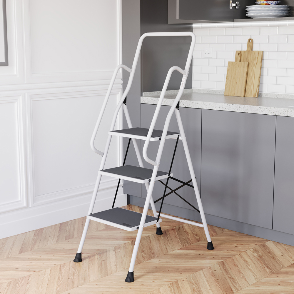 HOME VIDA 3 Step White Ladder with Handrail Image 2