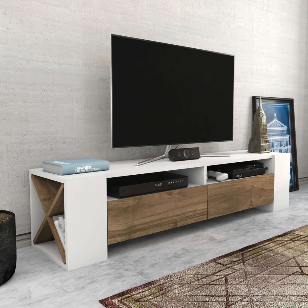 Decorotika Sosruko 2 Door 10 Shelf White and Walnut TV Unit Image 4