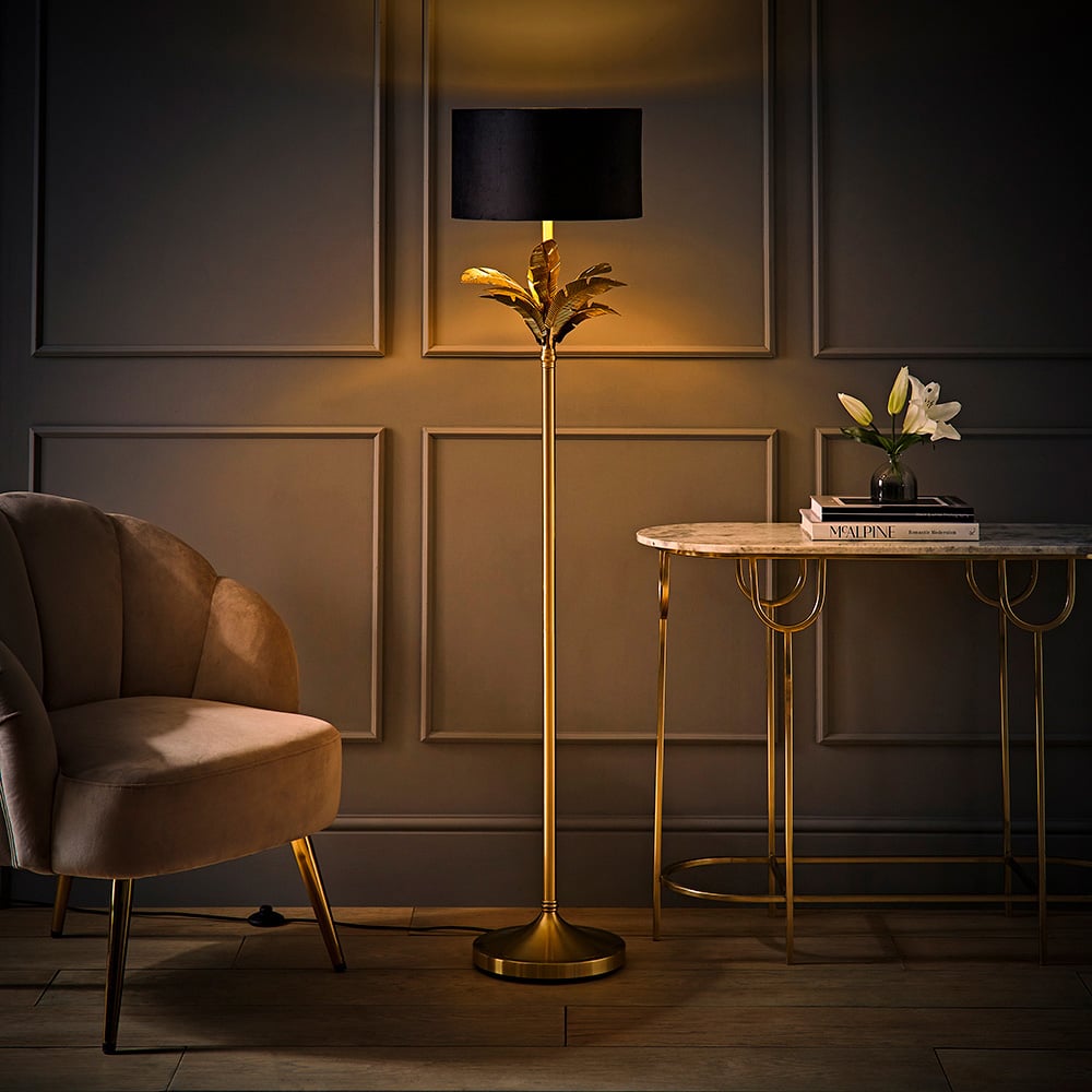 ValueLights Christina Black Velvet and Gold Palm Leaf Floor Lamp with Bulb Image 2