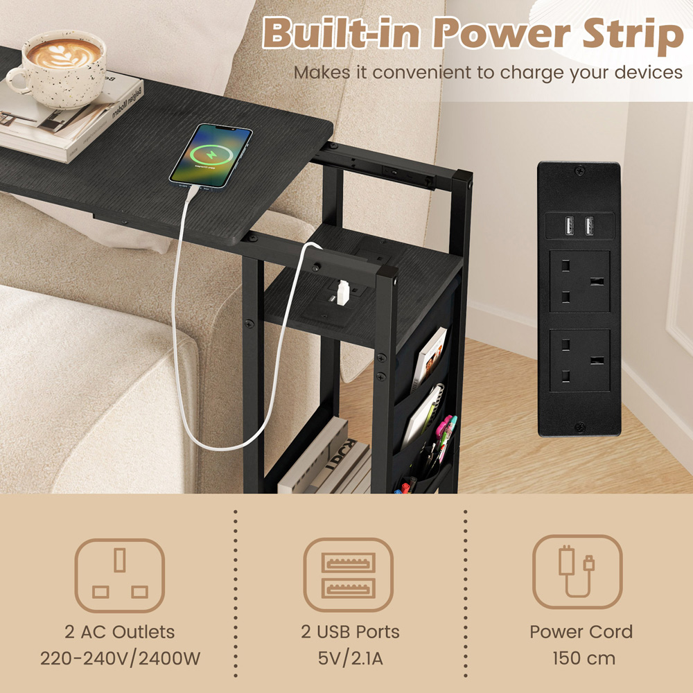 Costway Black C Shaped End Table Rolling with Charging Station and Retractable Tabletop Image 6