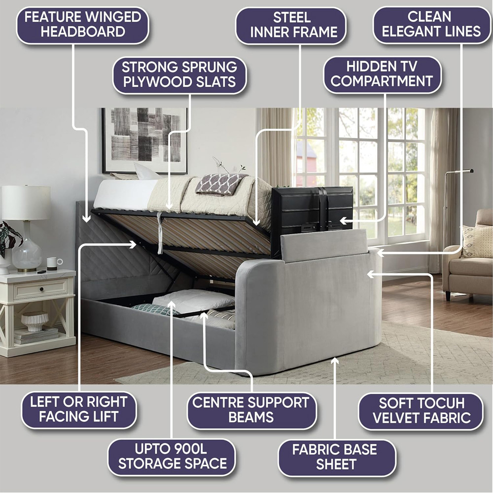 Home Treats King Size Grey Velvet Ottoman TV Bed with Mattress Image 8