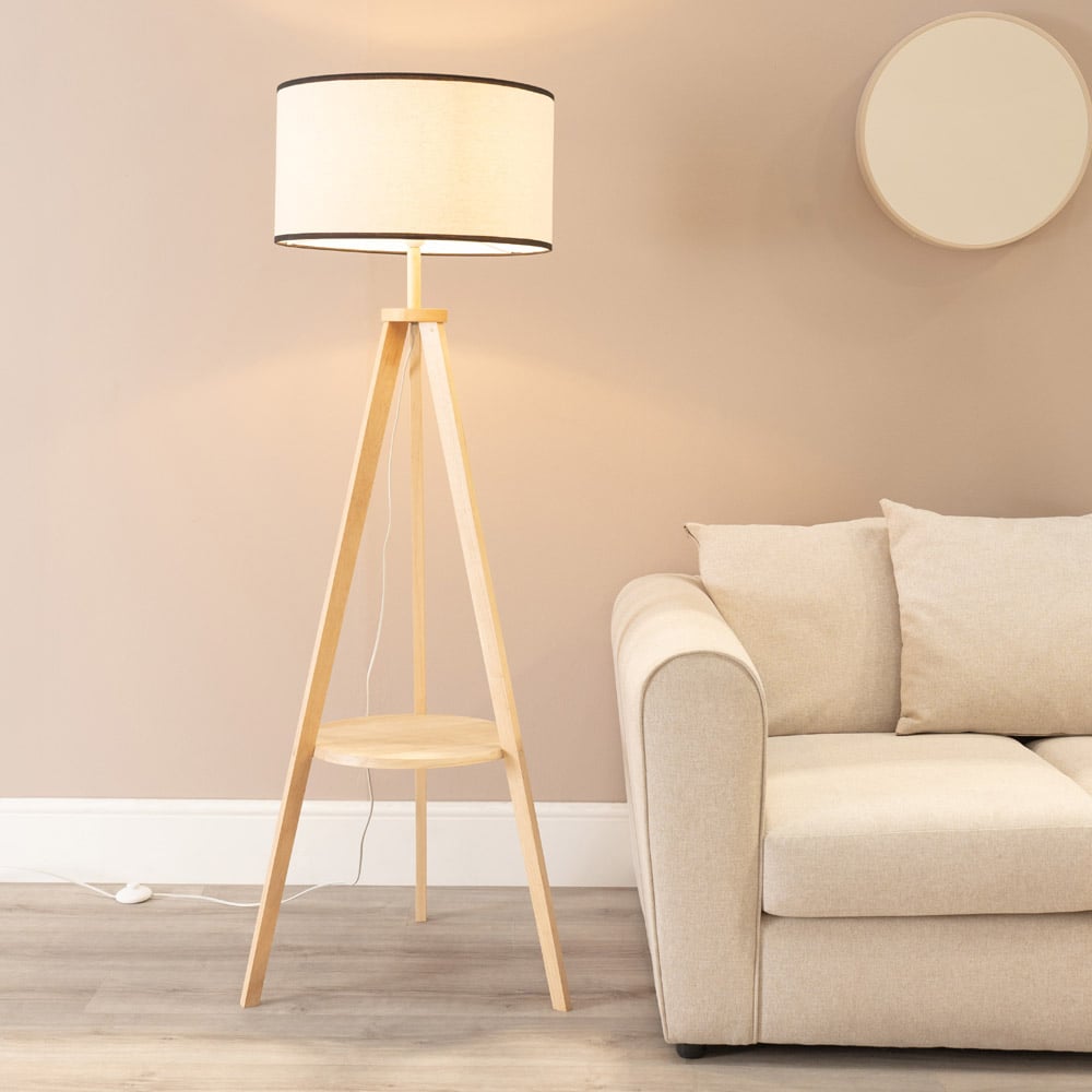 ValueLights Morrigan Natural Wood Shelf Black Trim Shade Tripod Floor Lamp with Bulb Image 2