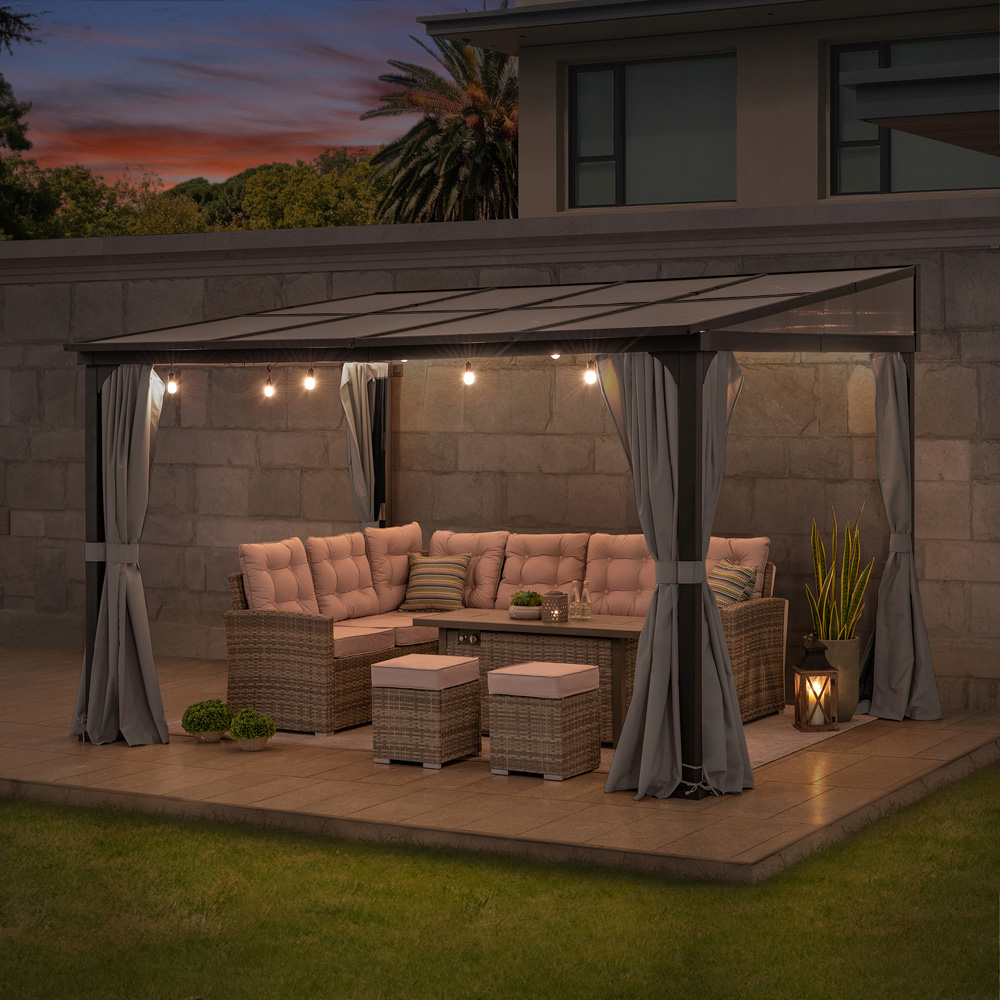 Sunjoy 3.6 x 3m Wall Mounted Lean to Gazebo with Grey Curtain and Netting Image 2