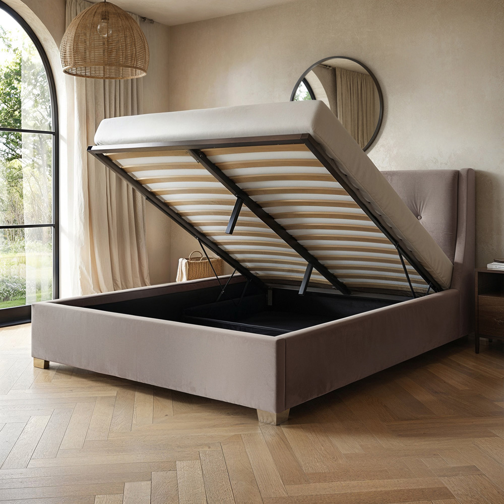 Flair Artemis King Size Beige Velvet Cushioned Headboard Ottoman Bed Image 4