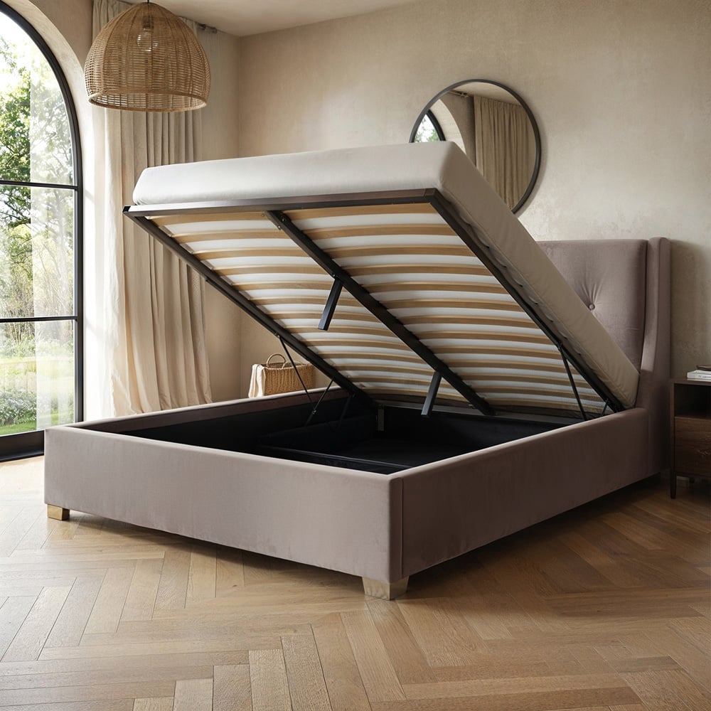Flair Artemis Double Beige Velvet Cushioned Headboard Ottoman Bed Image 4